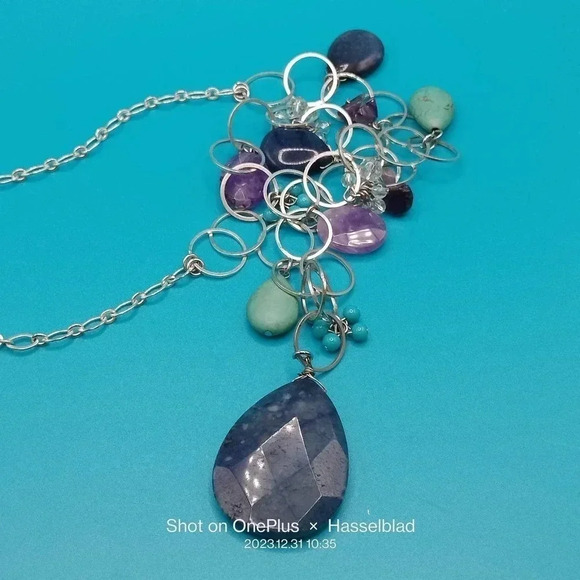 LOFT Silver Tone Link Blue Mix Beads Necklace 26" - Picture 5 of 9